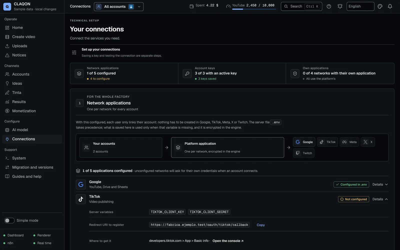 Your connections page: summary of network apps, account keys and own apps, with Google configured and TikTok pending.