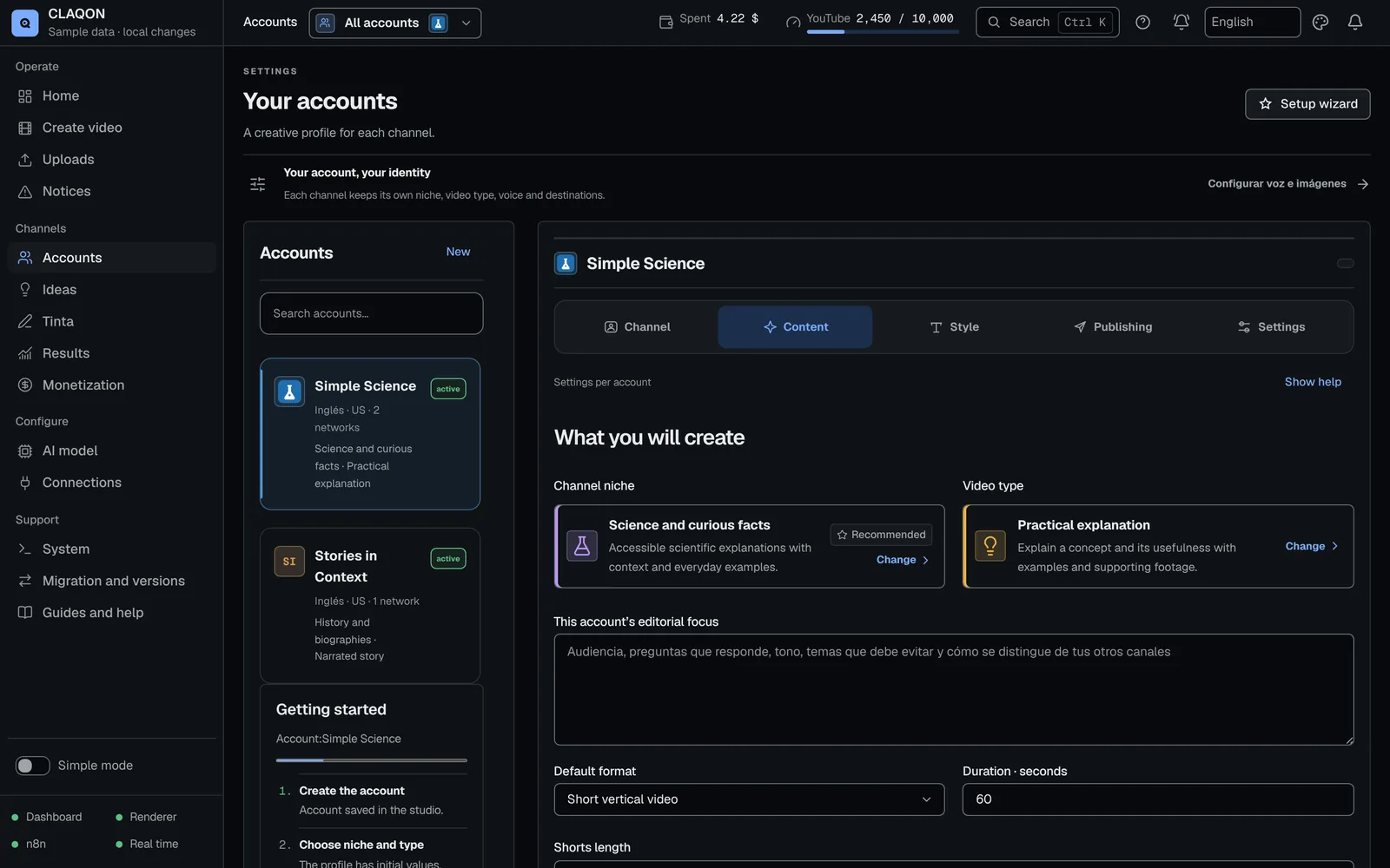 Account editor on the Content tab: channel niche, video type, editorial focus, format and duration; on the left, the accounts with language and networks.