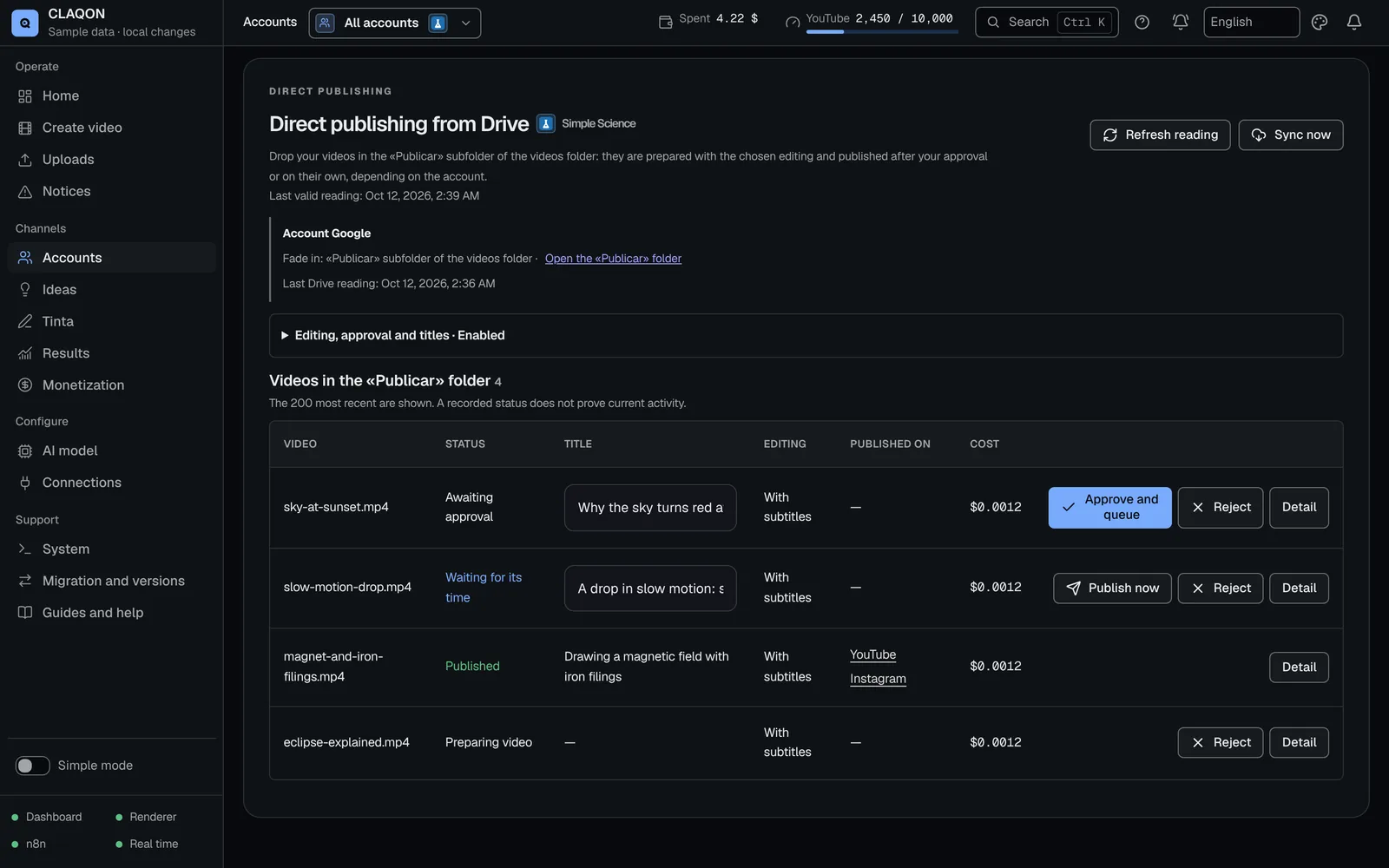 Direct publishing from Drive room: videos in the “Publish” folder with status, title, editing, published destinations and estimated cost.