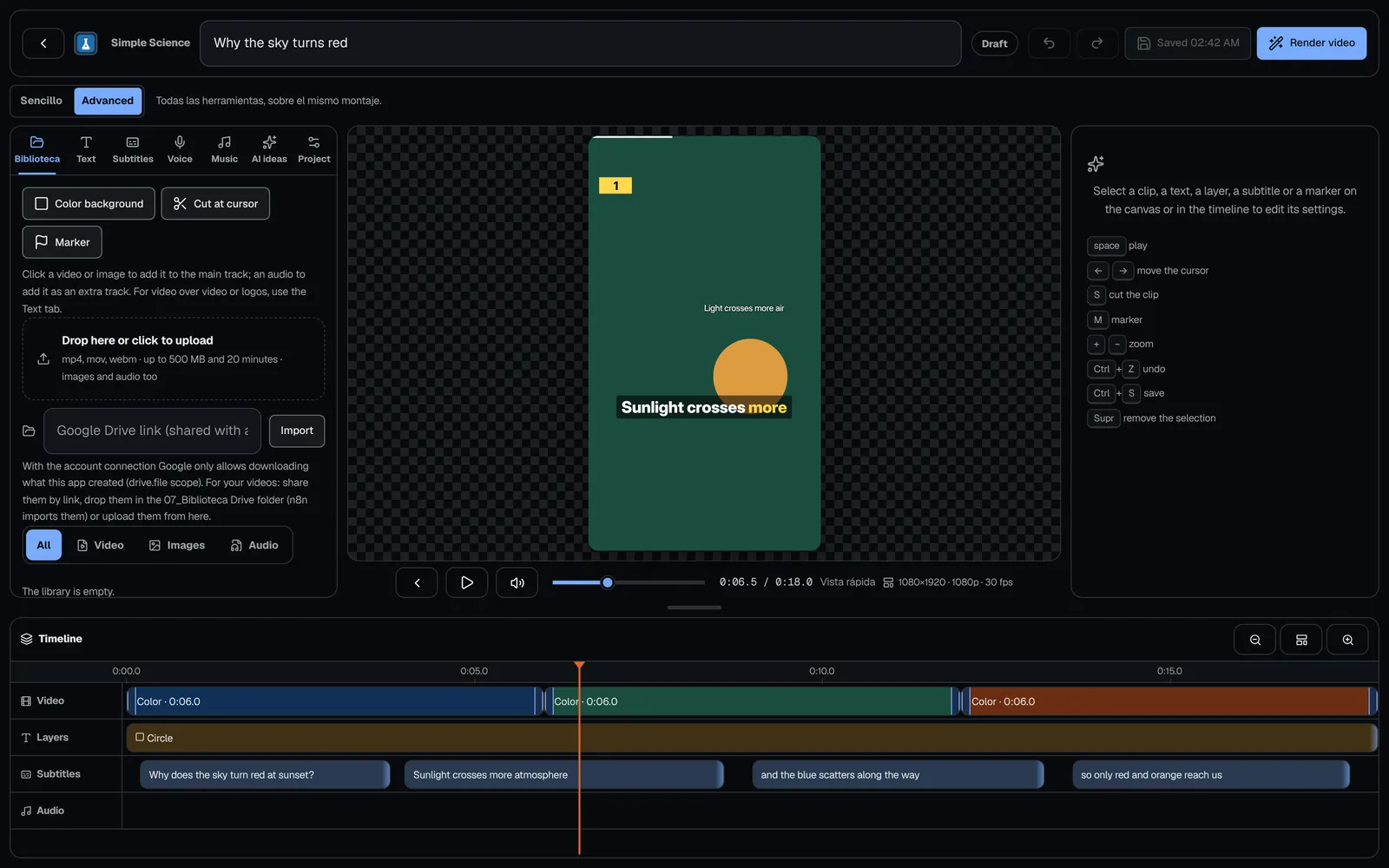 Studio editor with library and tools, vertical preview with titles and captions, and a timeline with video, layer and caption tracks.