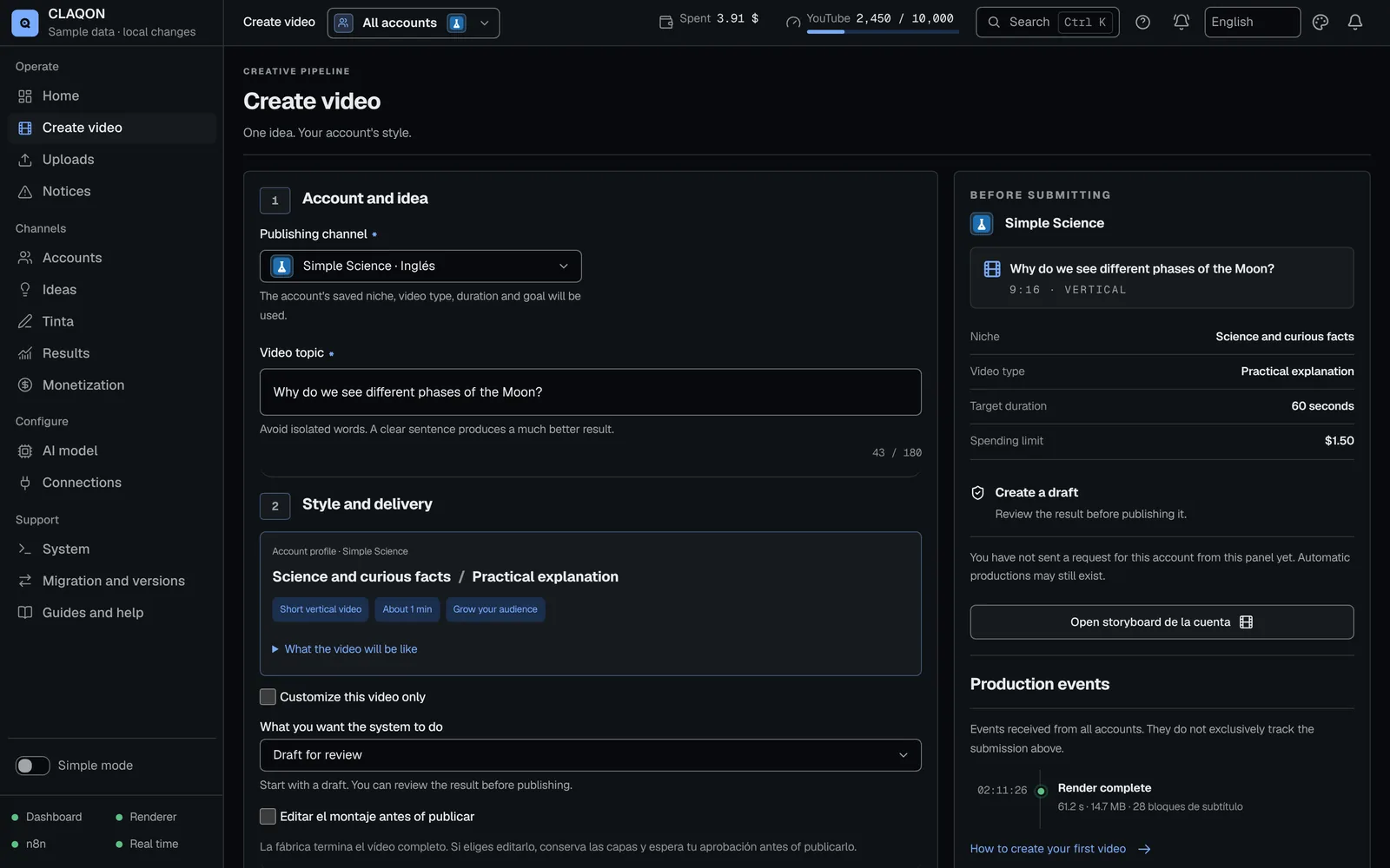 Video creation form: account, topic, profile inherited from the account and a pre-submit summary with niche, type, duration and spend limit.