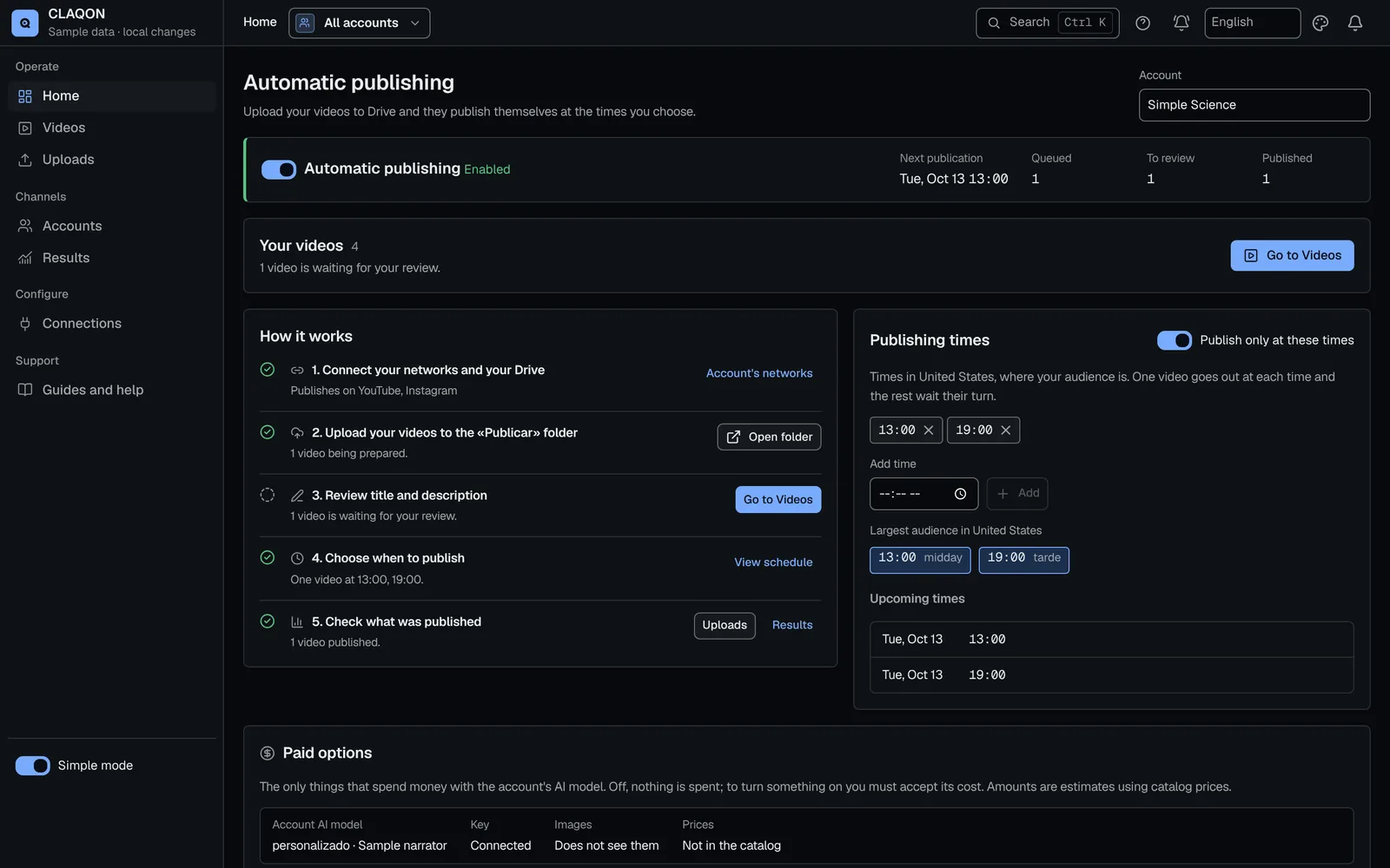 Simple mode home: automatic publishing on, next publication, queued and pending videos, guided steps and publishing times.
