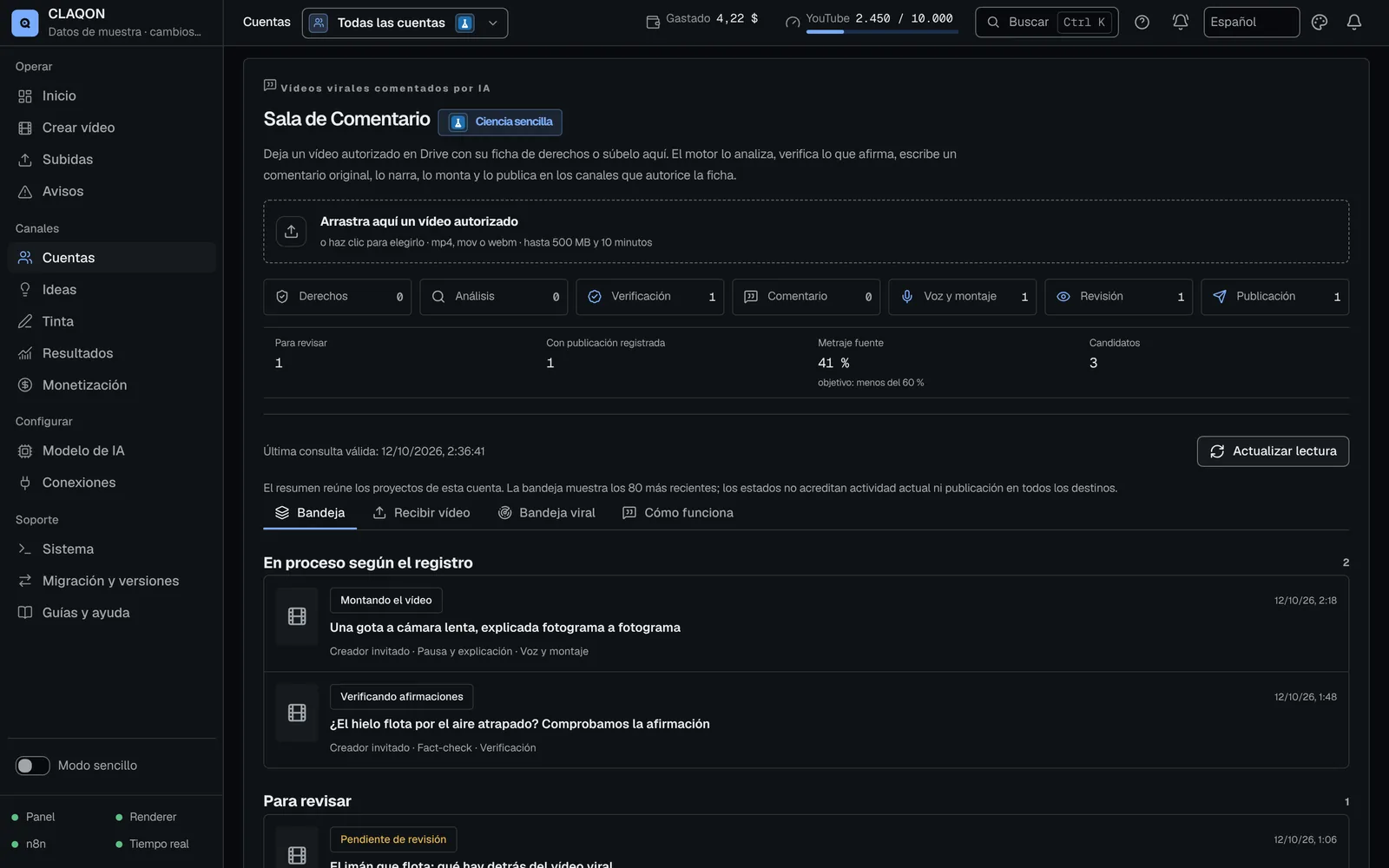 Sala de Comentario: recepción de vídeos autorizados, etapas del proceso (derechos, análisis, verificación, comentario, voz y montaje, revisión y publicación) y bandeja de proyectos.