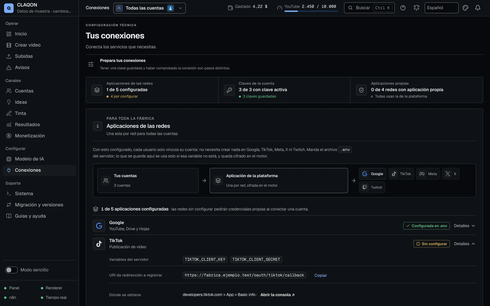 Página Tus conexiones: resumen de aplicaciones de las redes, claves de la cuenta y aplicaciones propias, con Google configurada y TikTok por configurar.