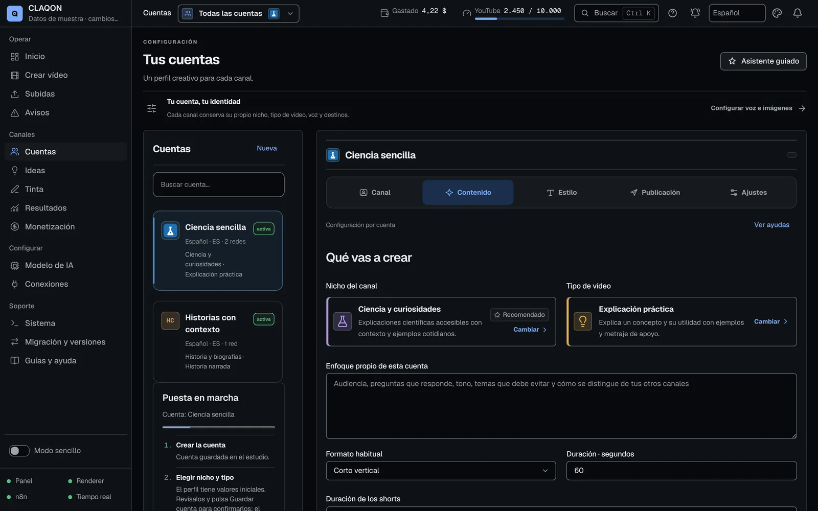 Editor de una cuenta en la pestaña Contenido: nicho del canal, tipo de vídeo, enfoque editorial, formato y duración; a la izquierda, las cuentas con idioma y redes.