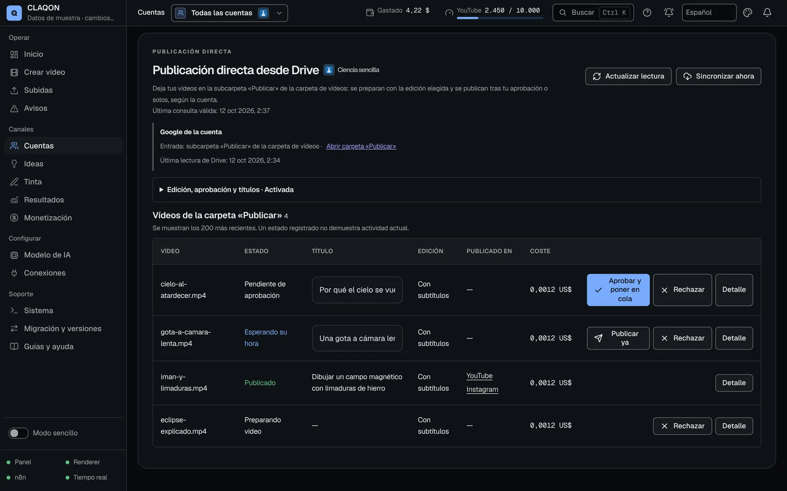 Sala de publicación directa desde Drive: vídeos de la carpeta «Publicar» con su estado, título, edición, destinos publicados y coste estimado.