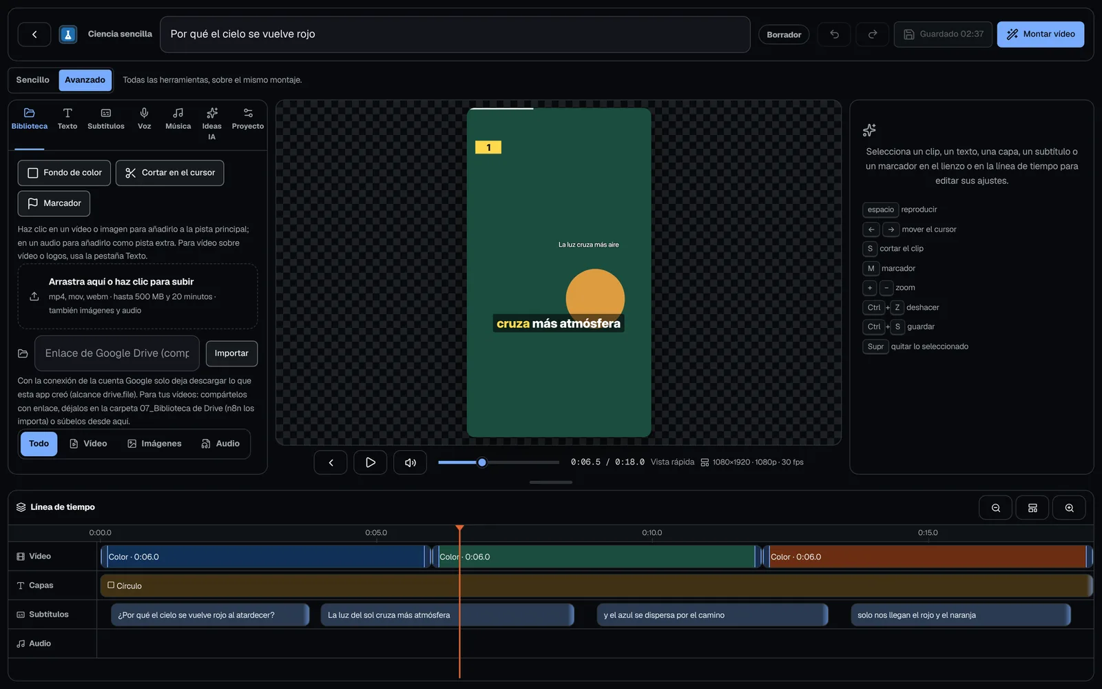 Editor del Estudio de montaje con biblioteca y herramientas, vista previa vertical con rótulos y subtítulos, y línea de tiempo con pistas de vídeo, capas y subtítulos.