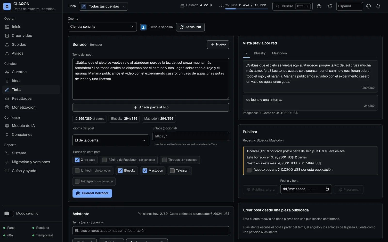 Editor de Tinta con un post, contador por red (X, Bluesky, Mastodon), vista previa del hilo en X y aviso del coste de X antes de publicar.