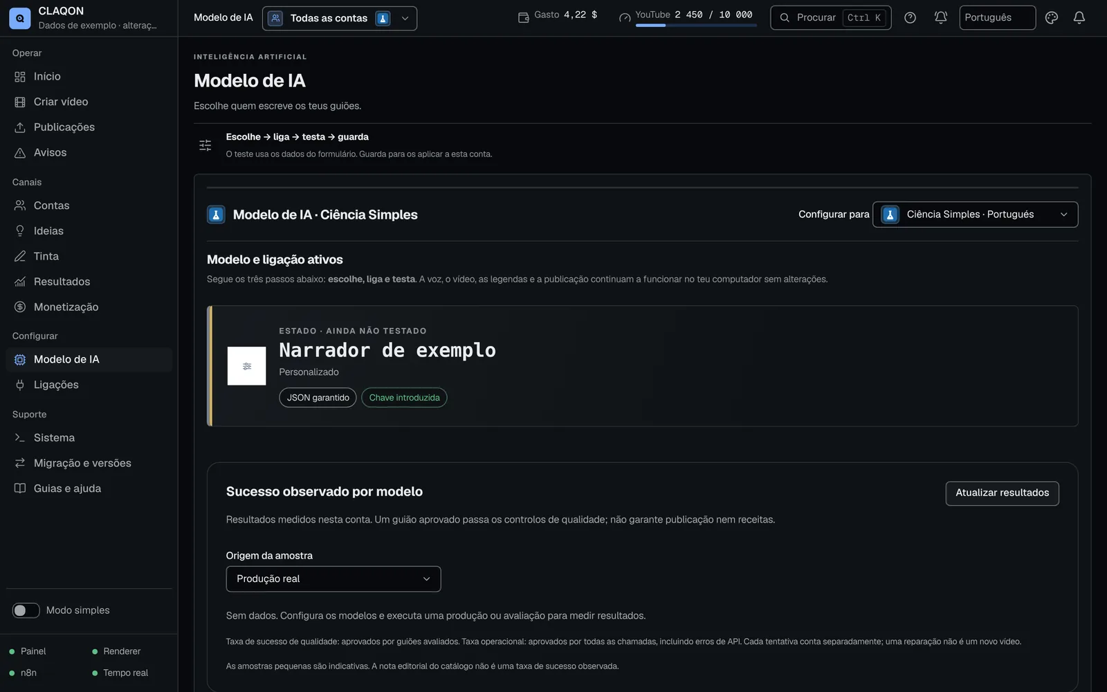 Configuração do modelo de IA de uma conta: modelo e conexão ativos, status do teste e acerto observado por modelo.